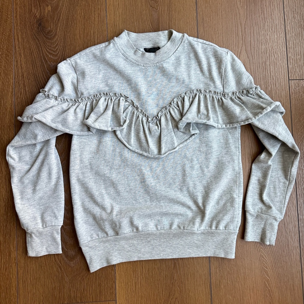 Topshop Gray Ruffle Crew Neck Sweater